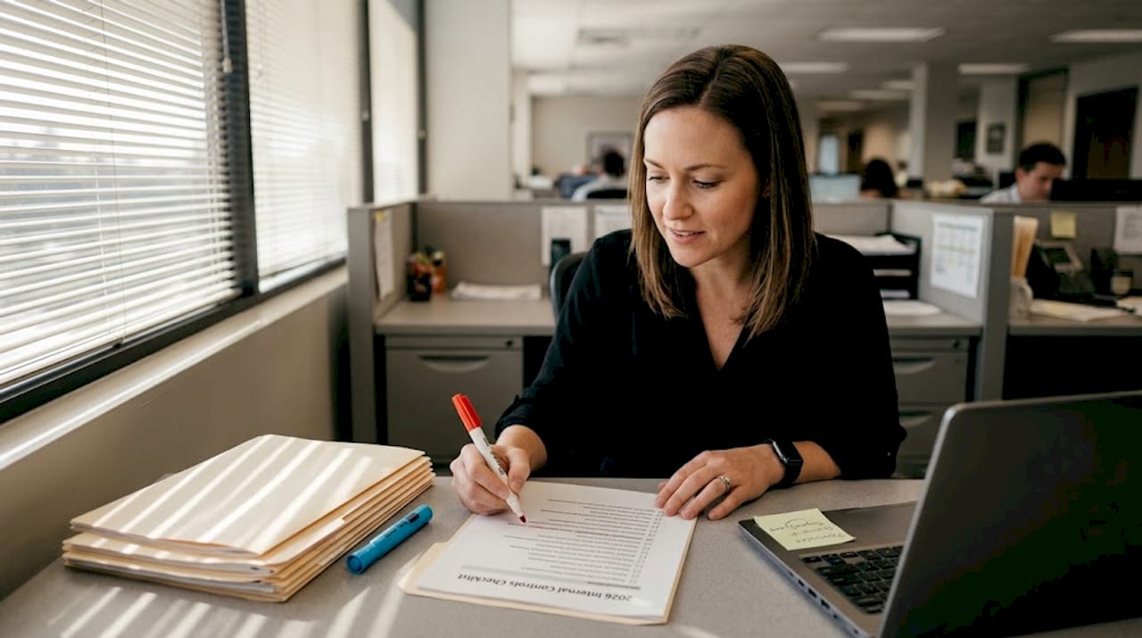 Employee checking internal control checklist