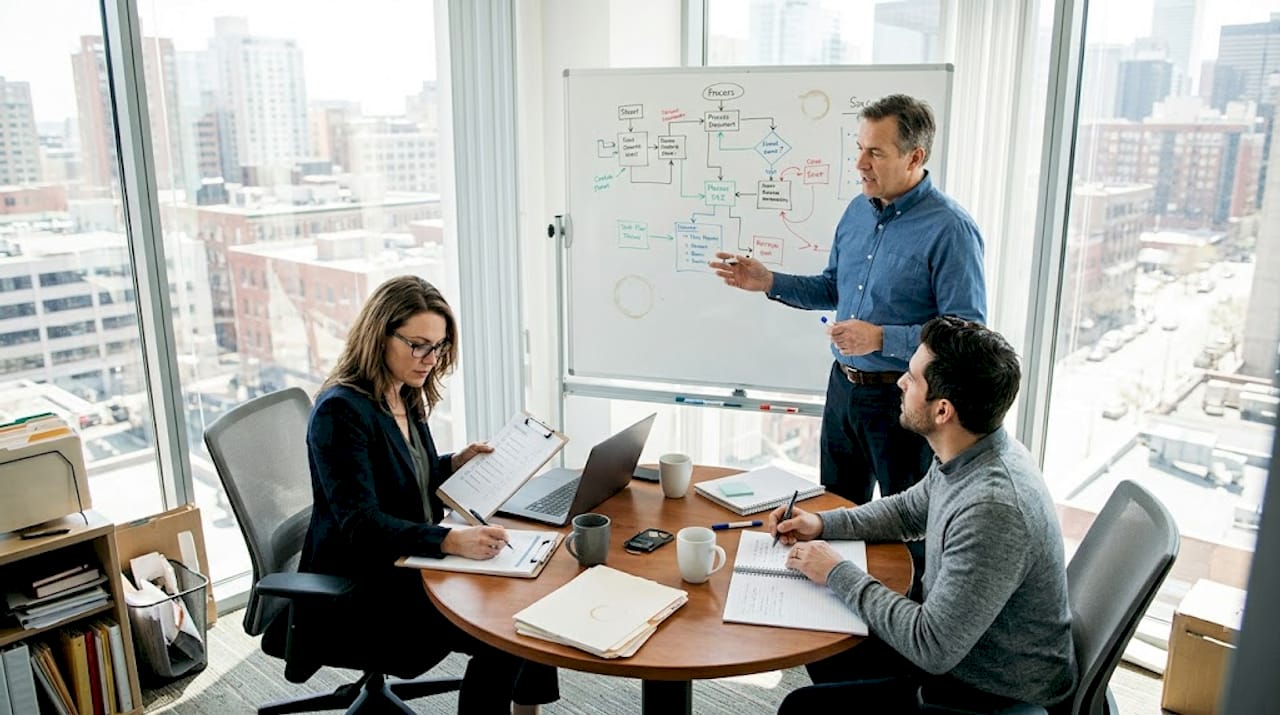 Audit team reviewing controls in bright office