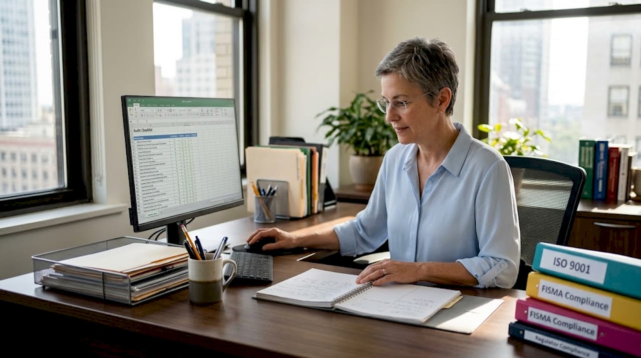 Compliance manager reviewing audit checklist in office