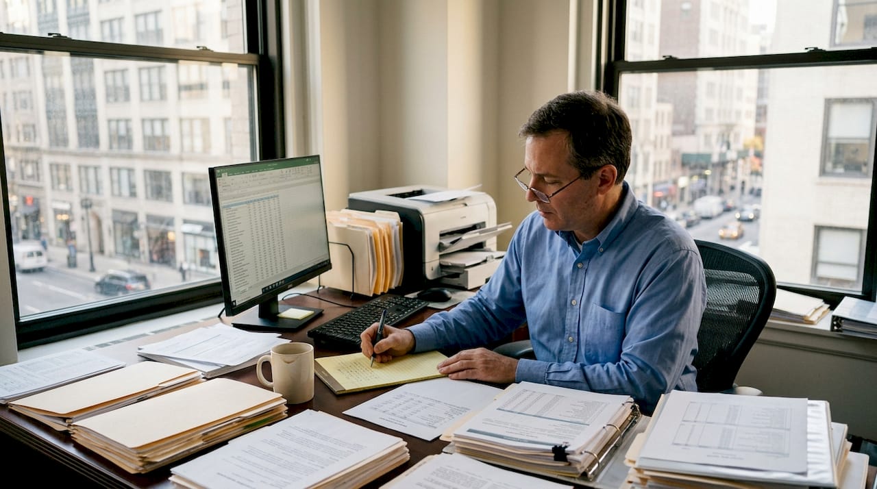 Auditor reviews cybersecurity checklist at office desk