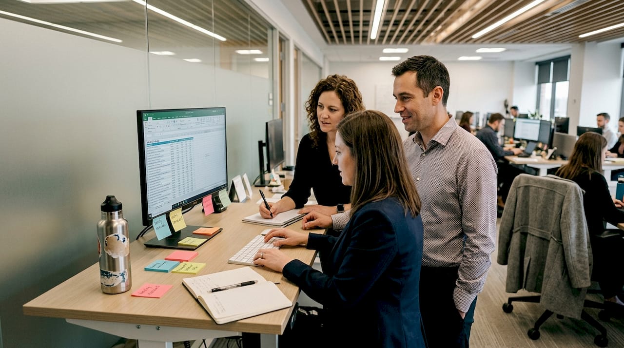 Audit team collaborating around shared monitor