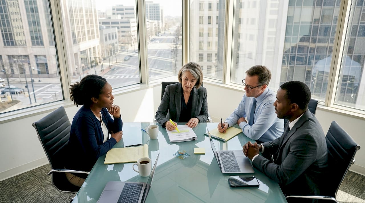 Executives review internal audit charter document