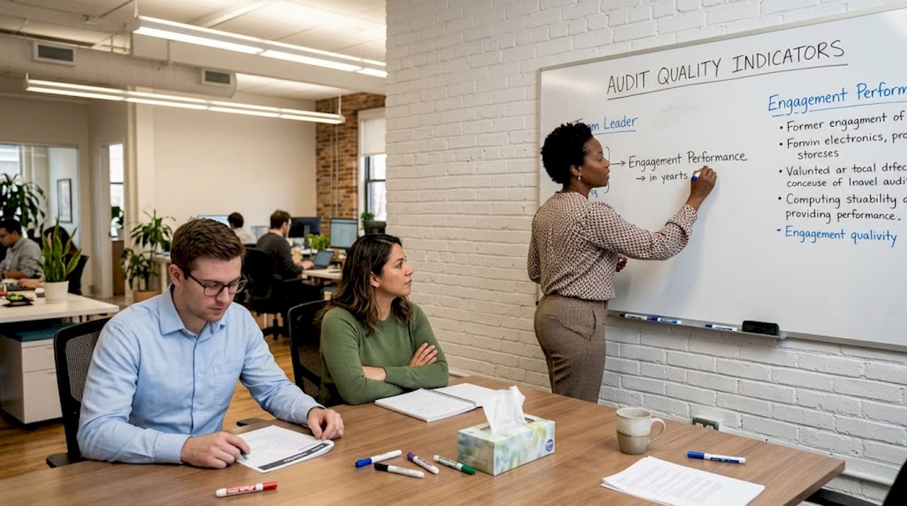 Team discusses audit indicators at whiteboard