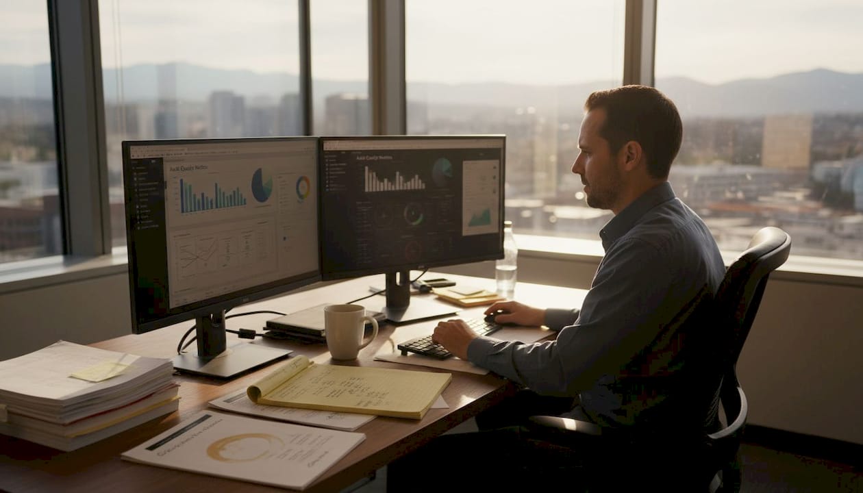 Auditor reviews audit quality metrics at desk