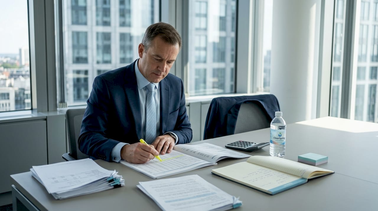 Auditor reviewing financial documents at office table