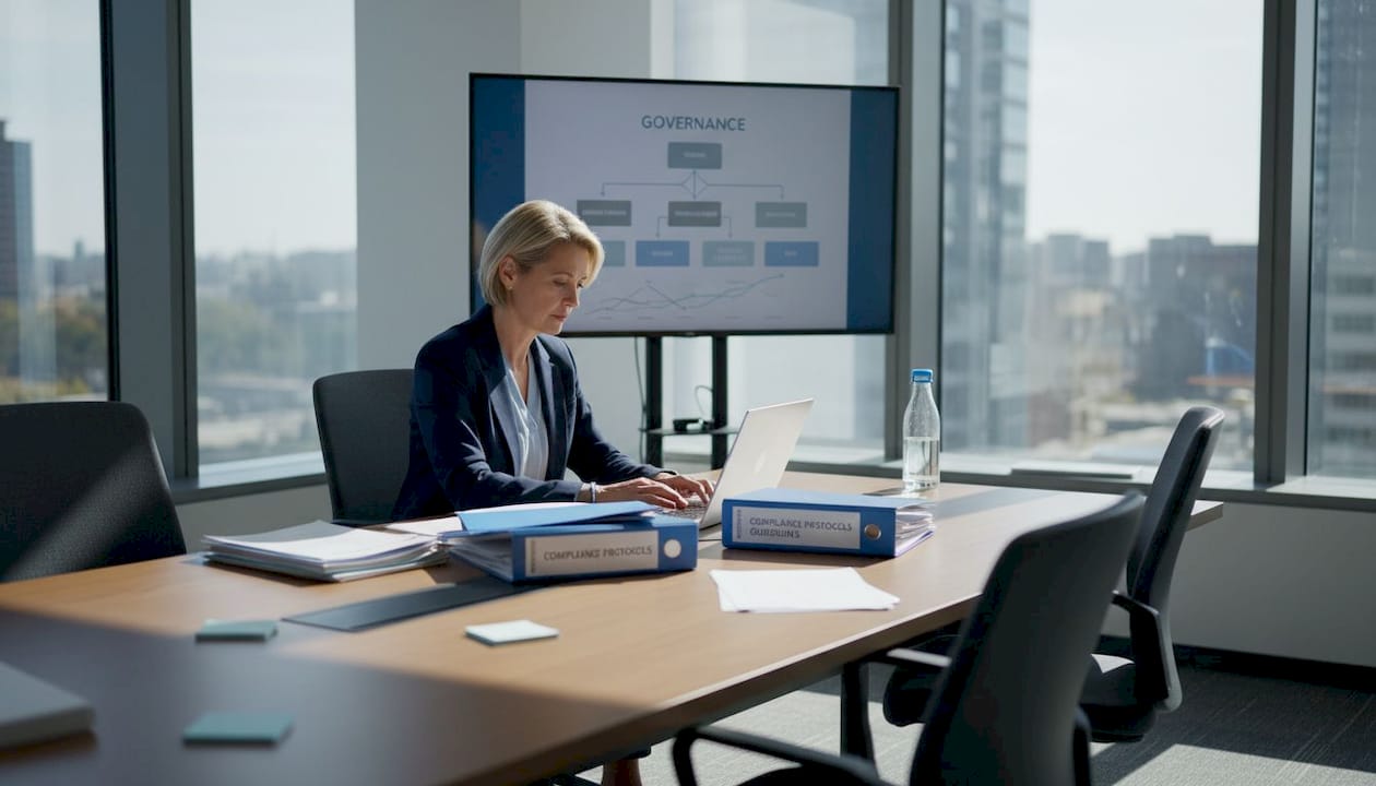 Compliance manager reviewing policies in corner office