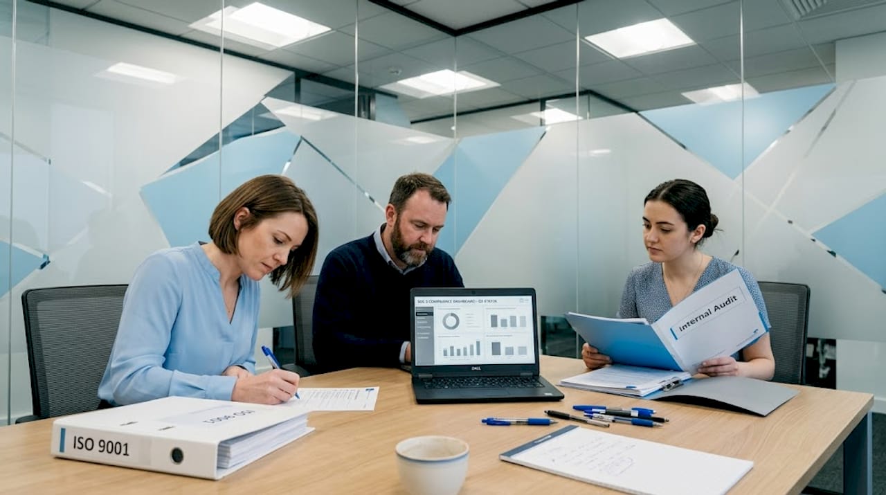 Team reviews audit standards at conference table
