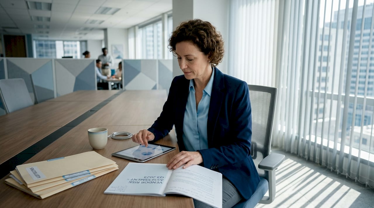 Compliance manager reviewing third-party audit paperwork