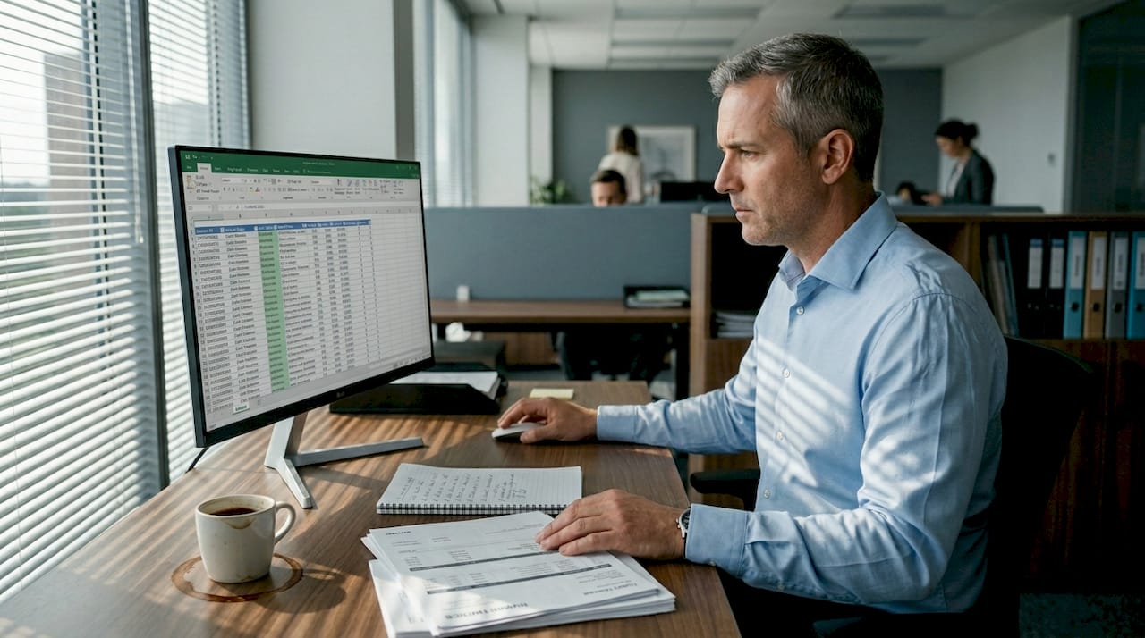 Auditor in office reviewing spreadsheet at desk