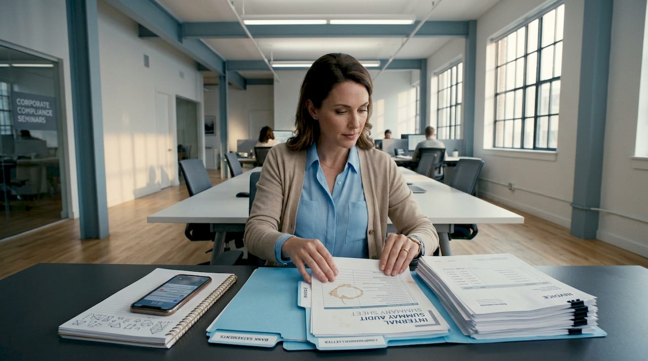 Auditor organizes evidence at shared workspace table