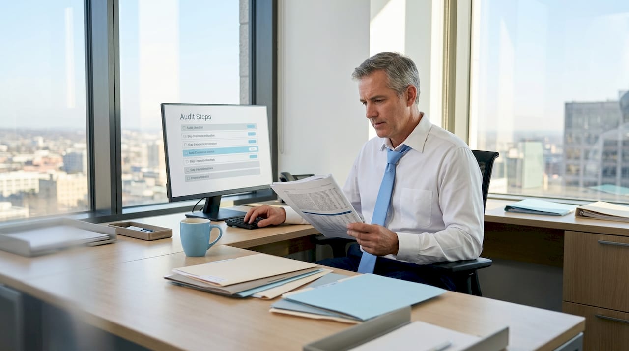 Auditor reviewing financial report and digital checklist