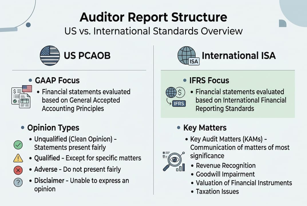 Infographic comparing US and international auditor report standards