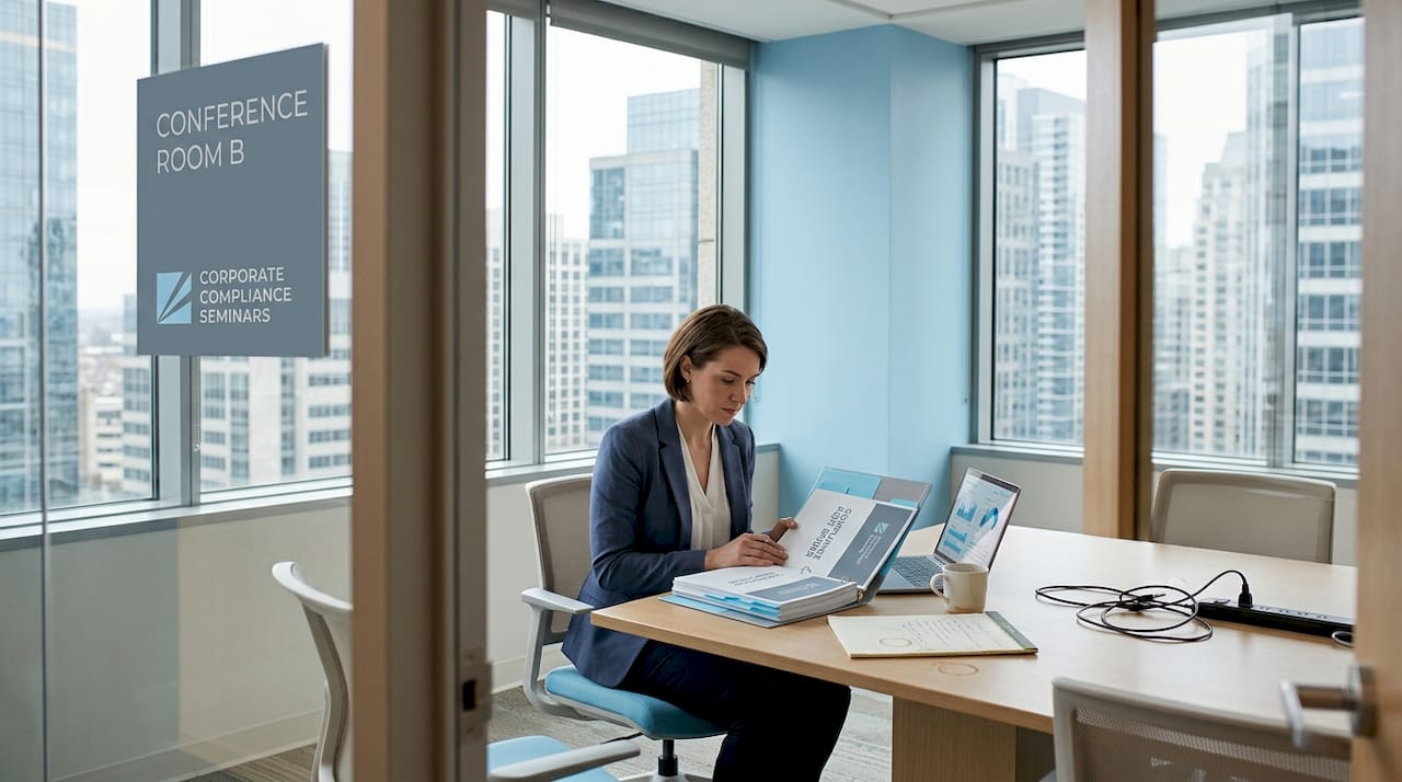 Professional reviewing compliance audit documents in office