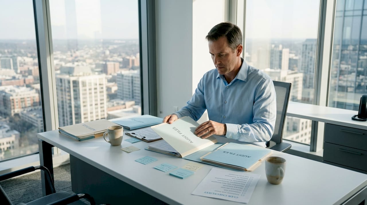 Auditor preparing for external audit workflow