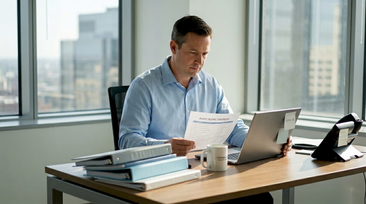 Compliance officer reviewing audit scope checklist