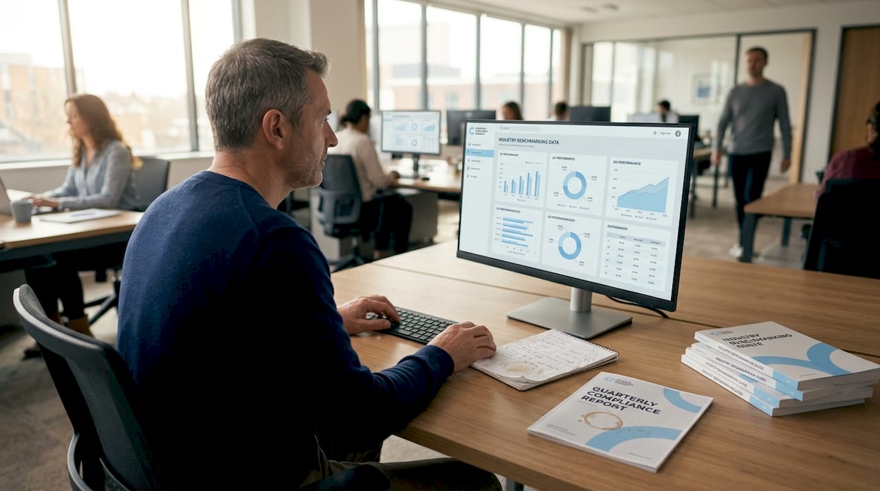Analyst using benchmarking tools at office table