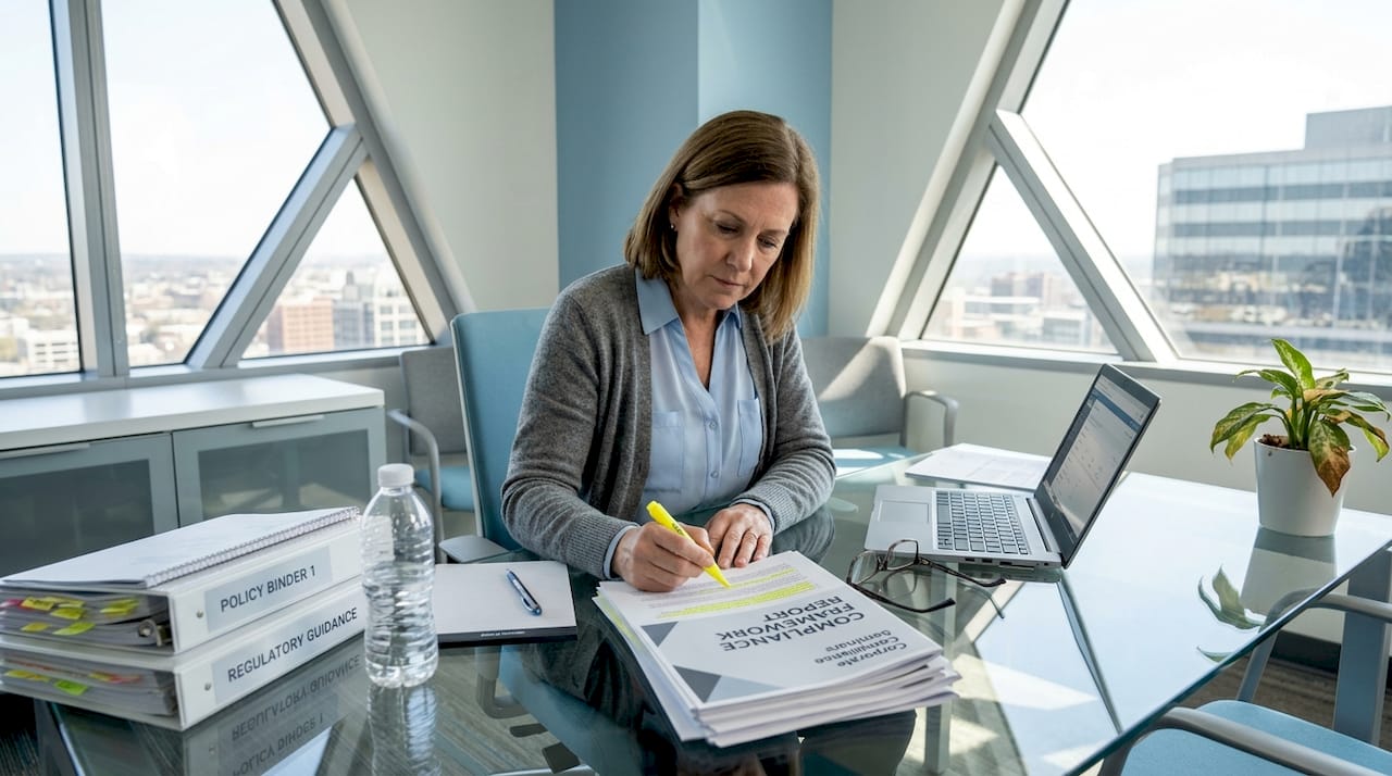 Compliance officer reviewing framework documents