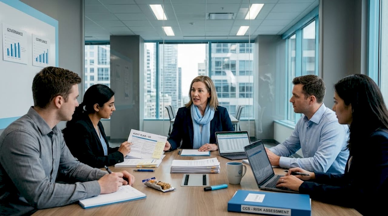 Audit team planning in office conference room