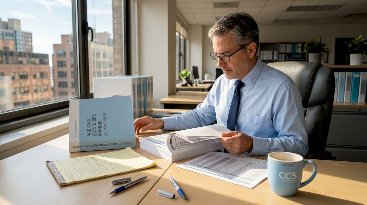 Auditor reviewing reports in office with sunlight