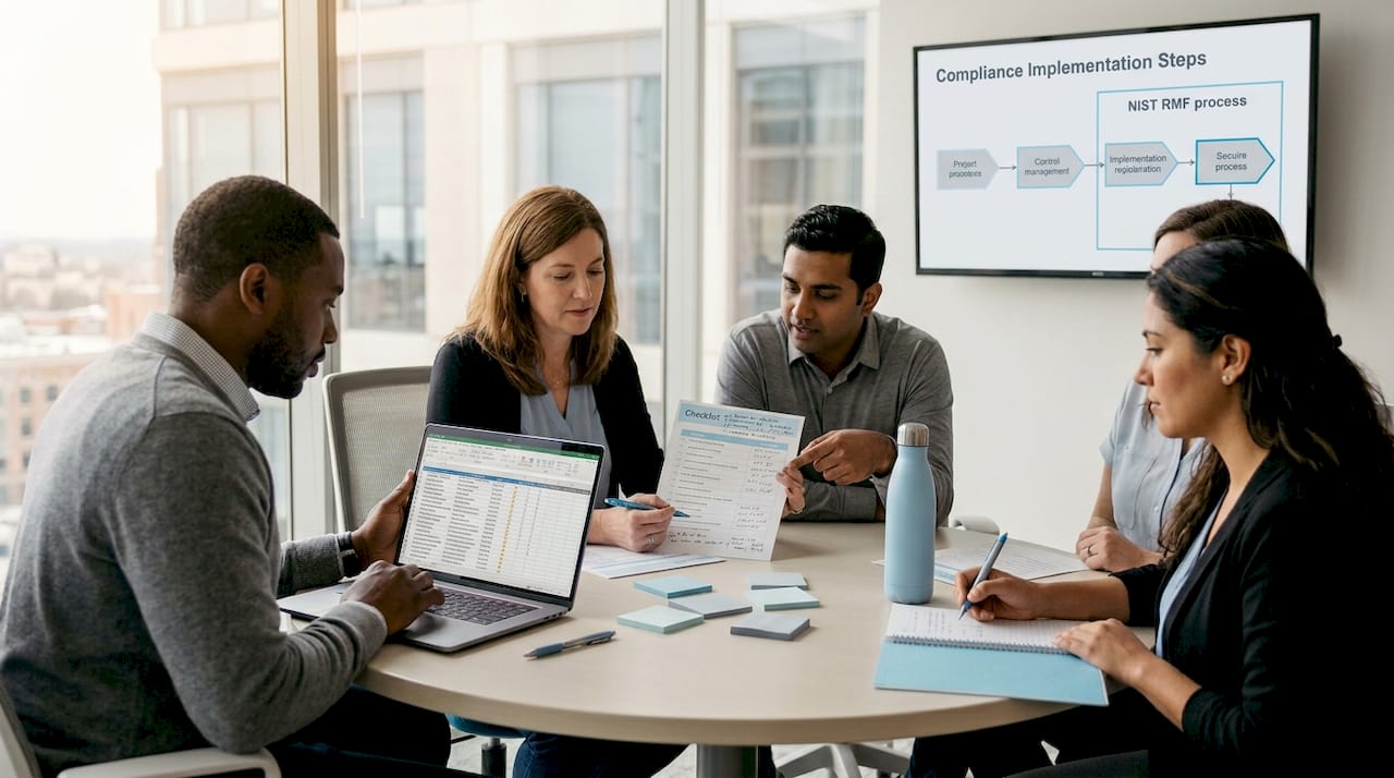 Team reviews cybersecurity compliance process steps