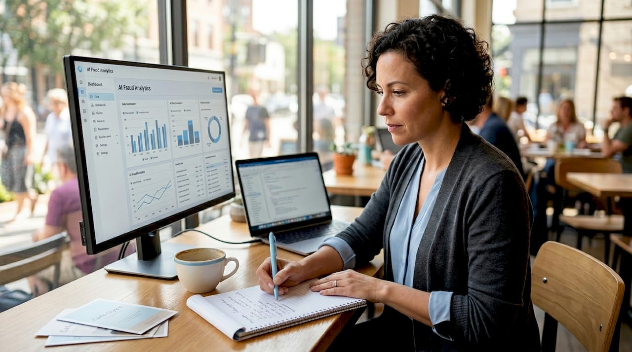 Compliance officer checking AI fraud analytics dashboard