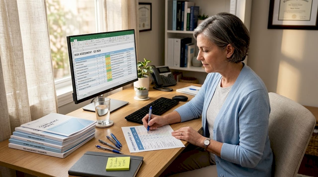 Manager fills risk scoring matrix worksheet