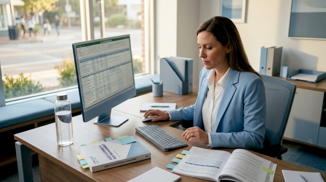 Auditor reviewing spreadsheets in corner office