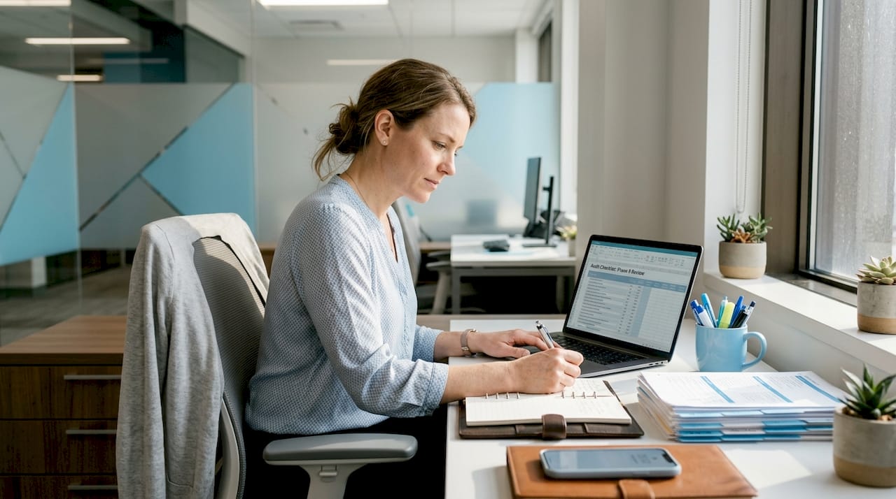 Compliance officer reviewing audit checklist in office