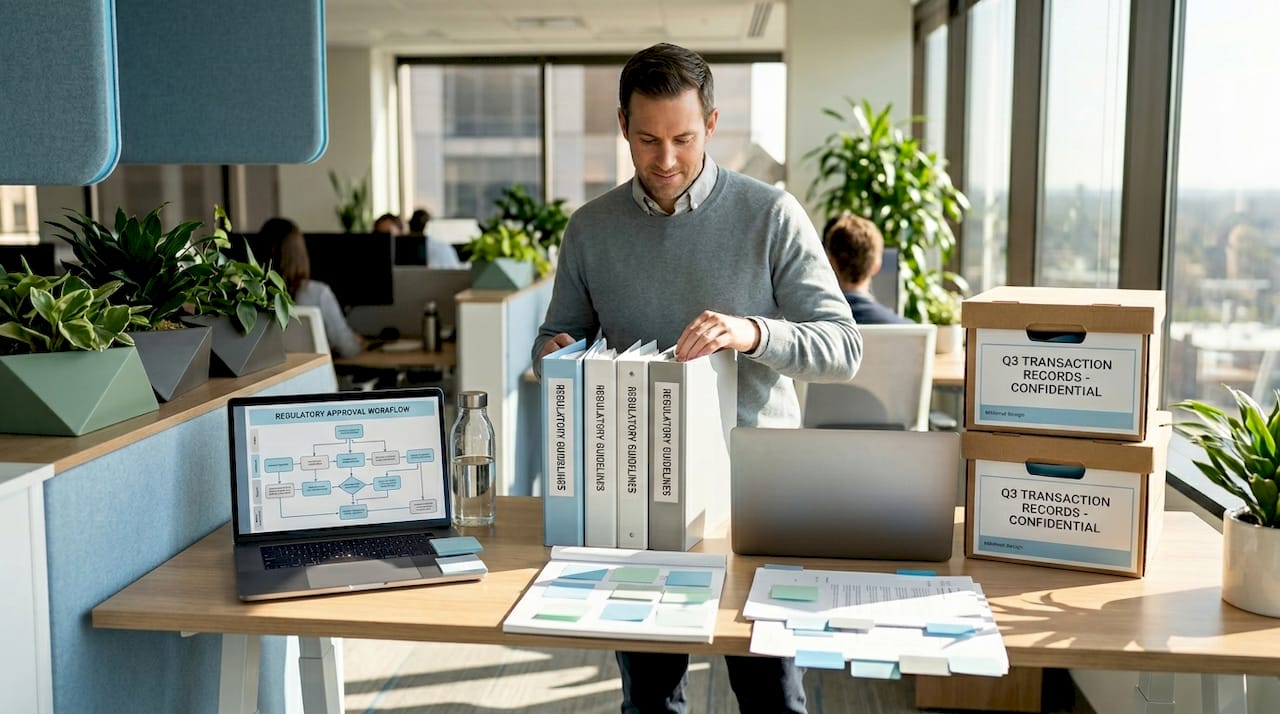 Analyst organizing audit binders and evidence boxes