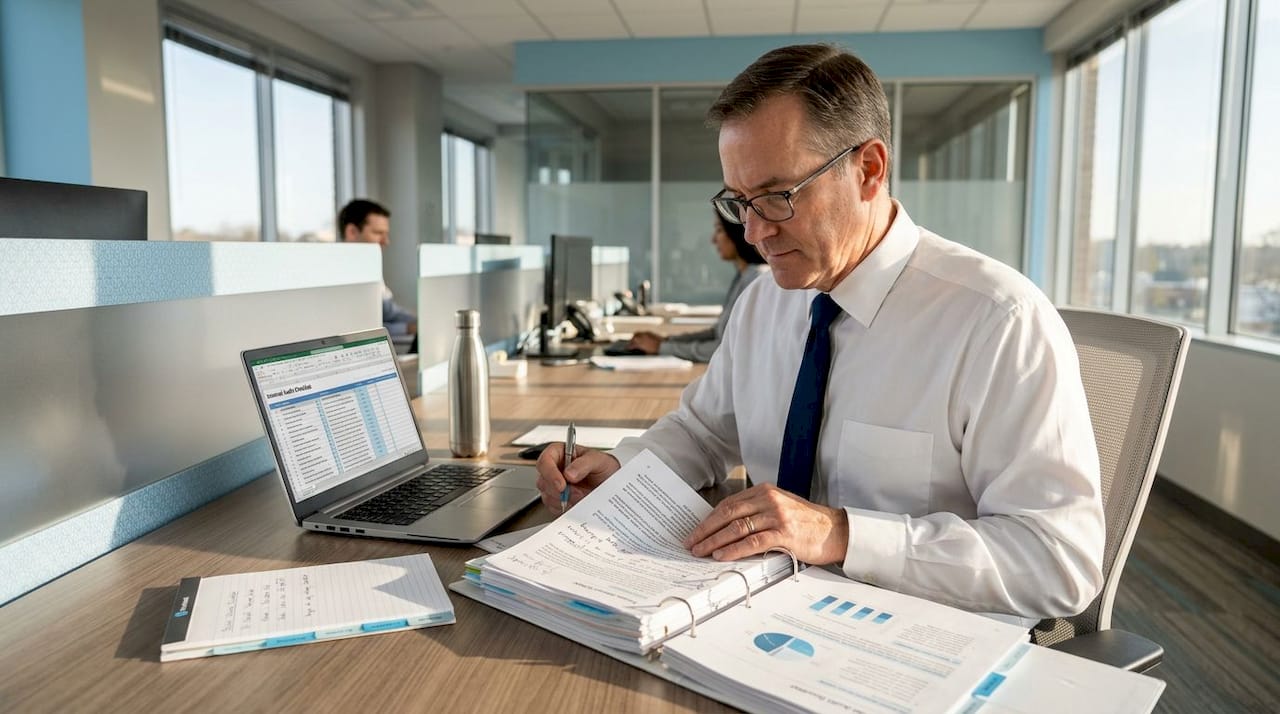 Auditor reviewing internal controls in office