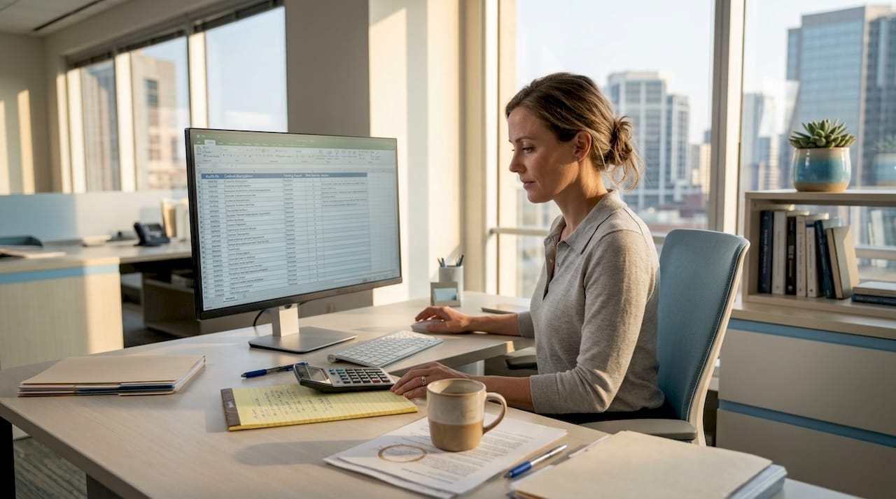 Internal auditor reviews documents in busy office