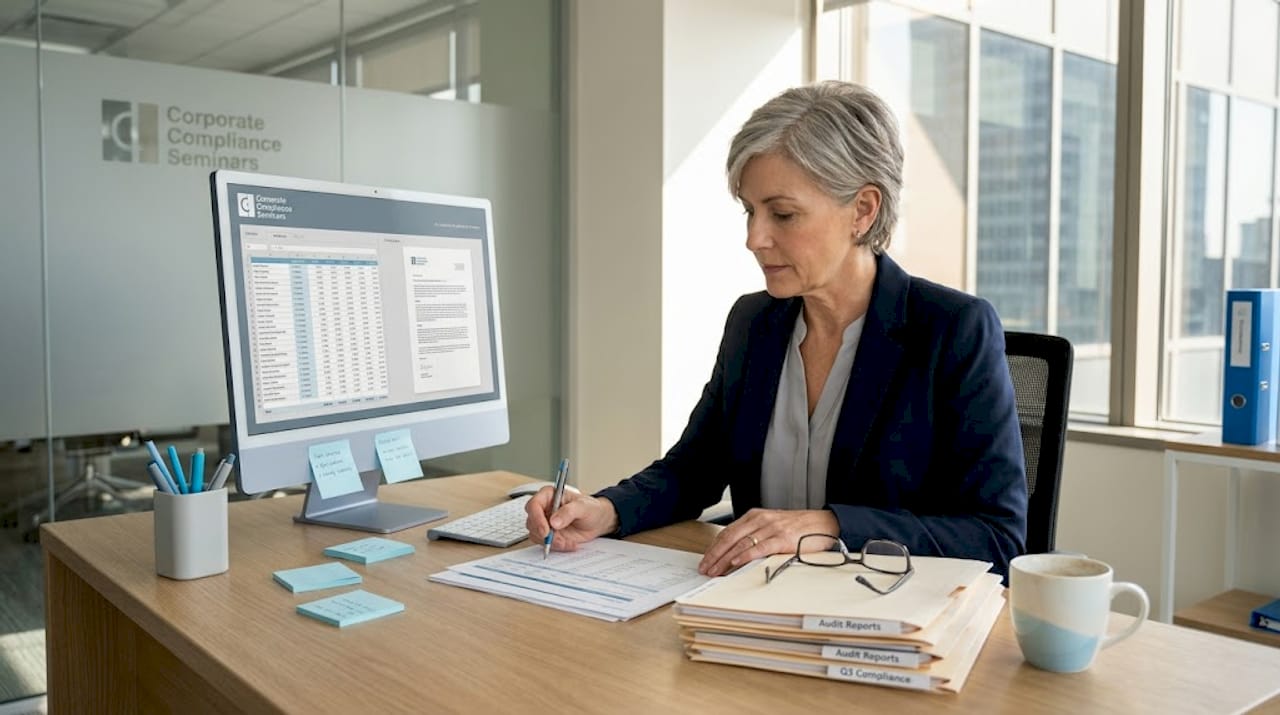 Senior auditor reviews audit documentation at desk
