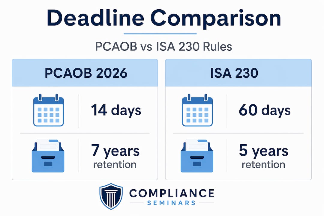 Split infographic comparing PCAOB and ISA deadlines