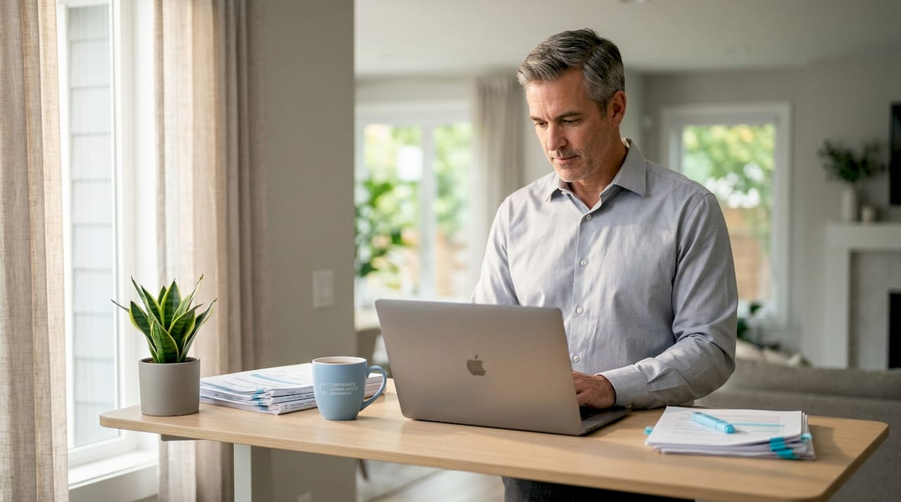 Man updating compliance checklist in workspace
