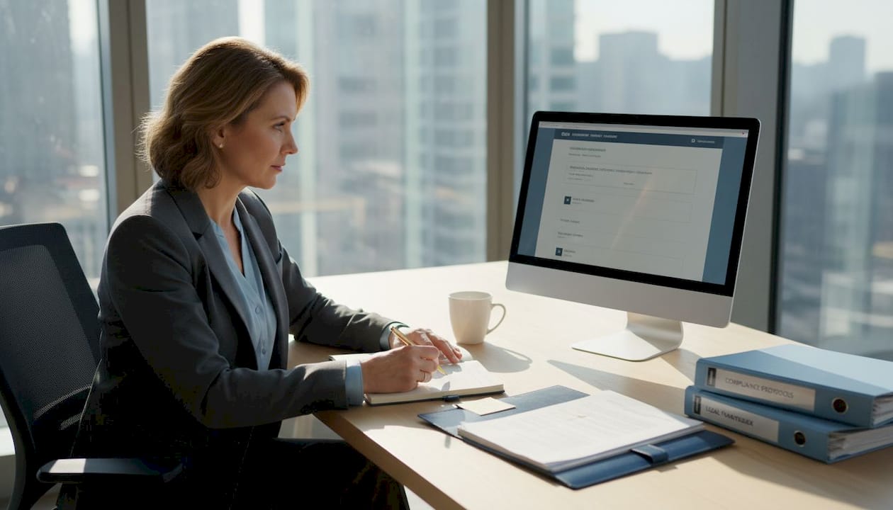 Compliance officer reviewing documents in office