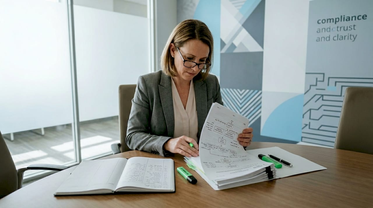 Auditor reviews protocol papers in conference room