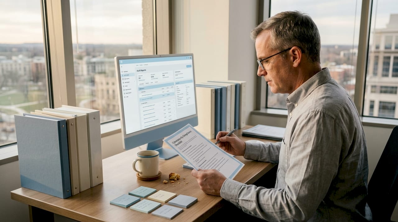 Auditor checking cybersecurity checklist at desk