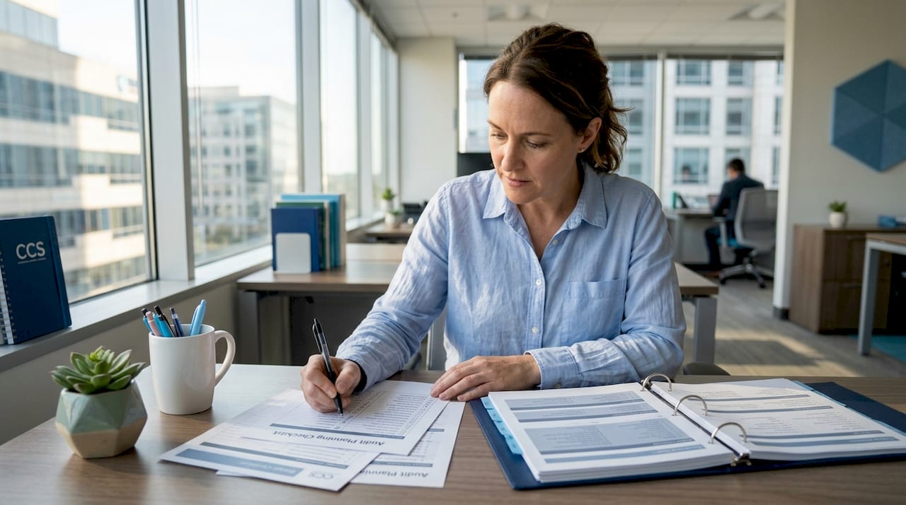 Auditor reviewing audit planning checklist at desk