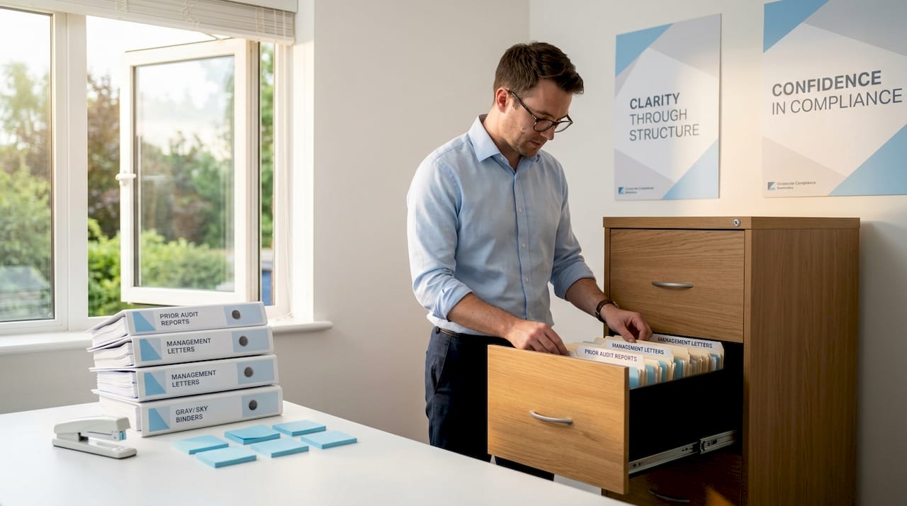 Auditor organizing prior audit documentation in office