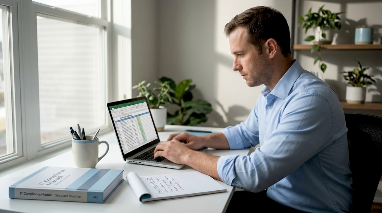 IT auditor updating compliance notes at desk