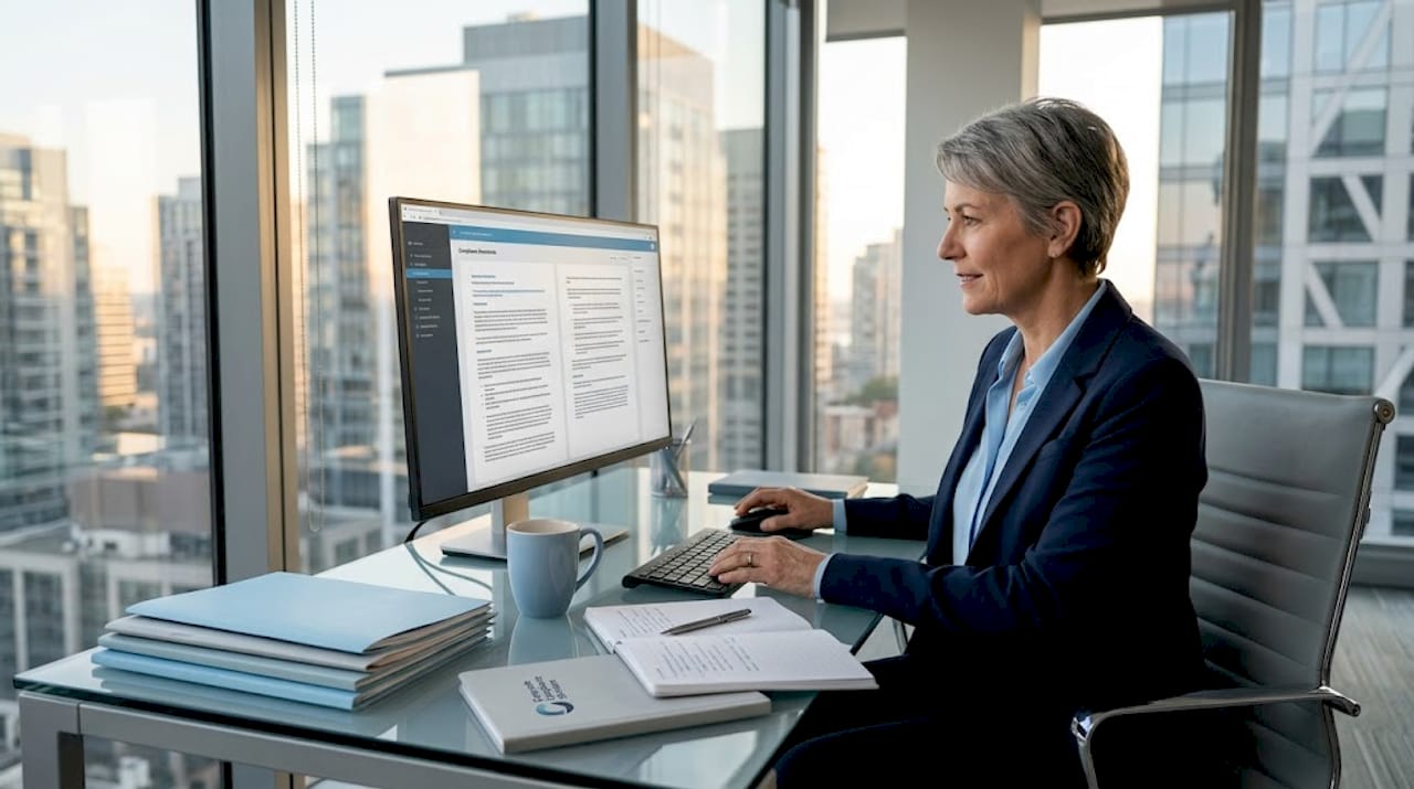 Executive reviewing compliance risks in office