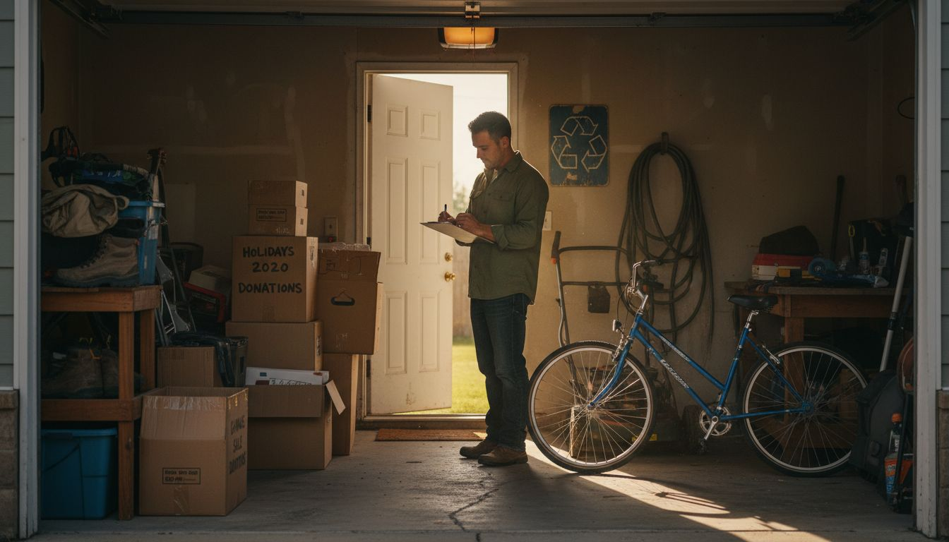 Homeowner assessing cluttered garage for removal