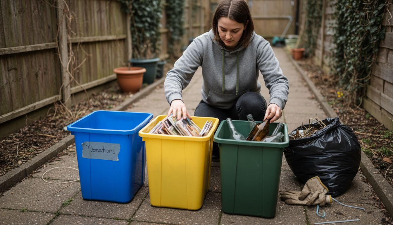 Sorting junk into donation and recycling bins