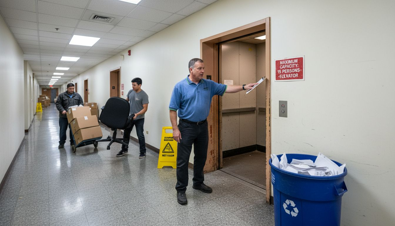 Facility manager oversees junk removal in office corridor