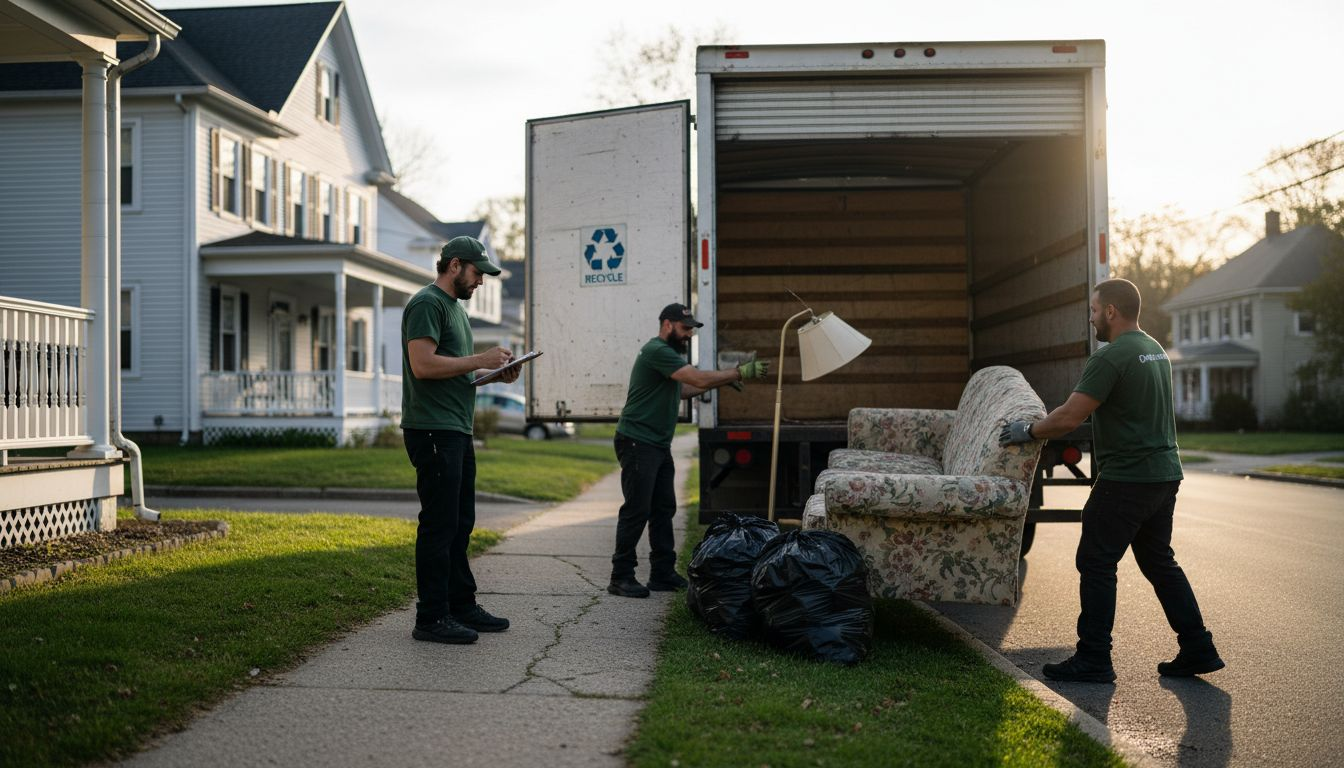 Junk removal crew loading truck curbside Massachusetts