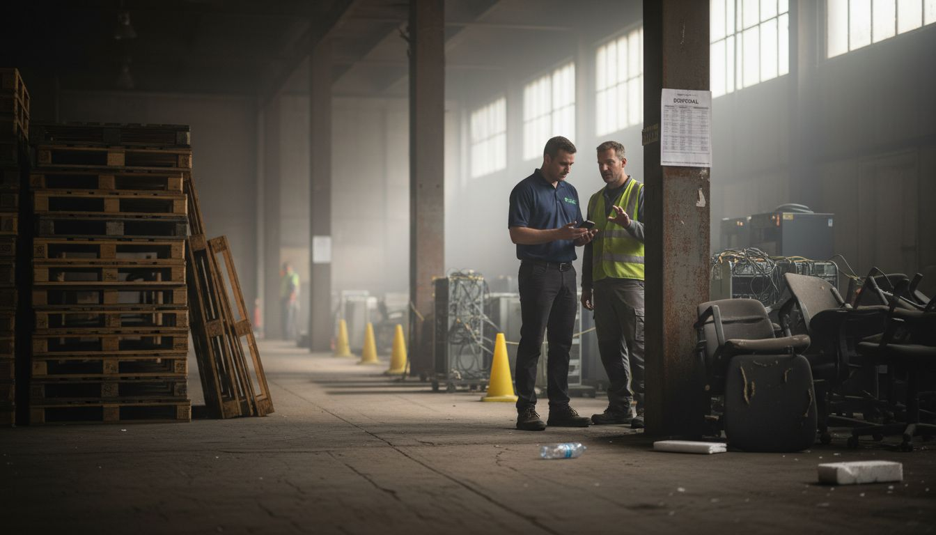 Manager and contractor assess warehouse junk removal