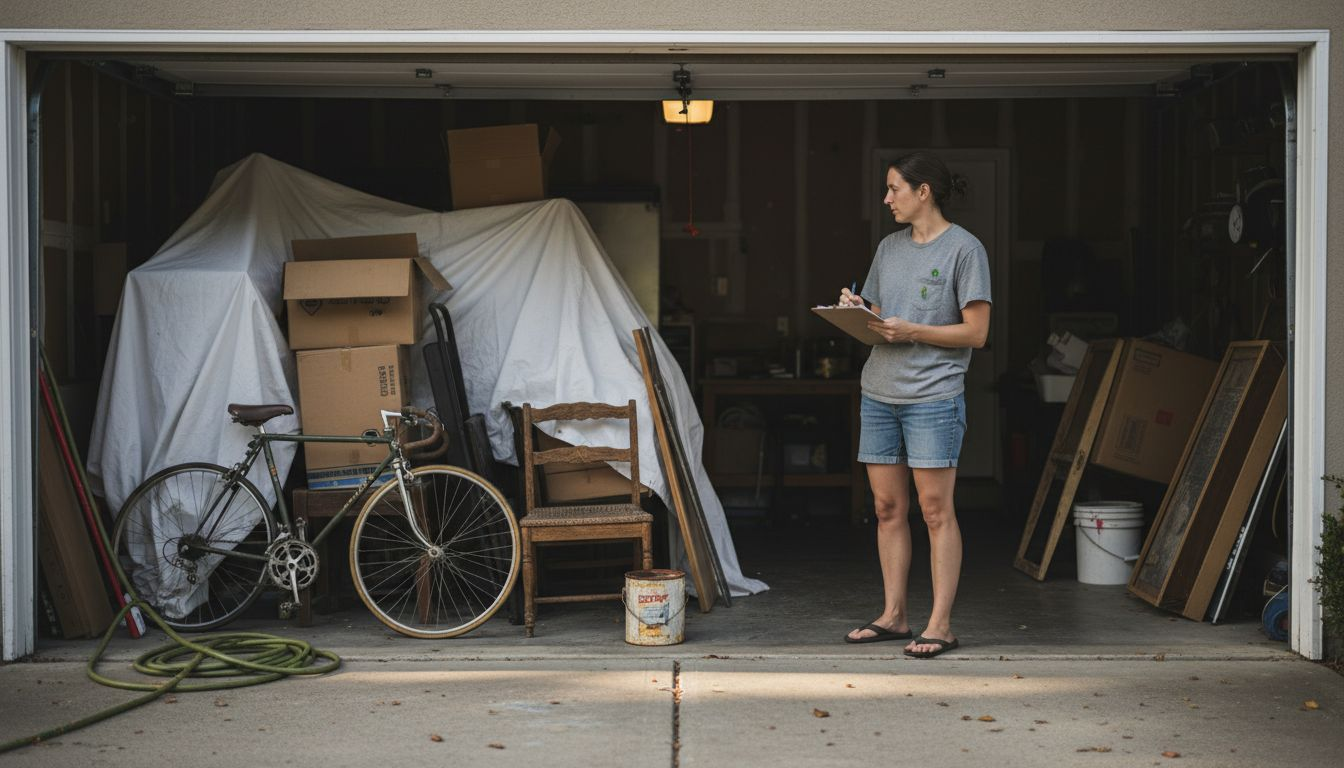 Homeowner assessing cluttered garage for junk removal