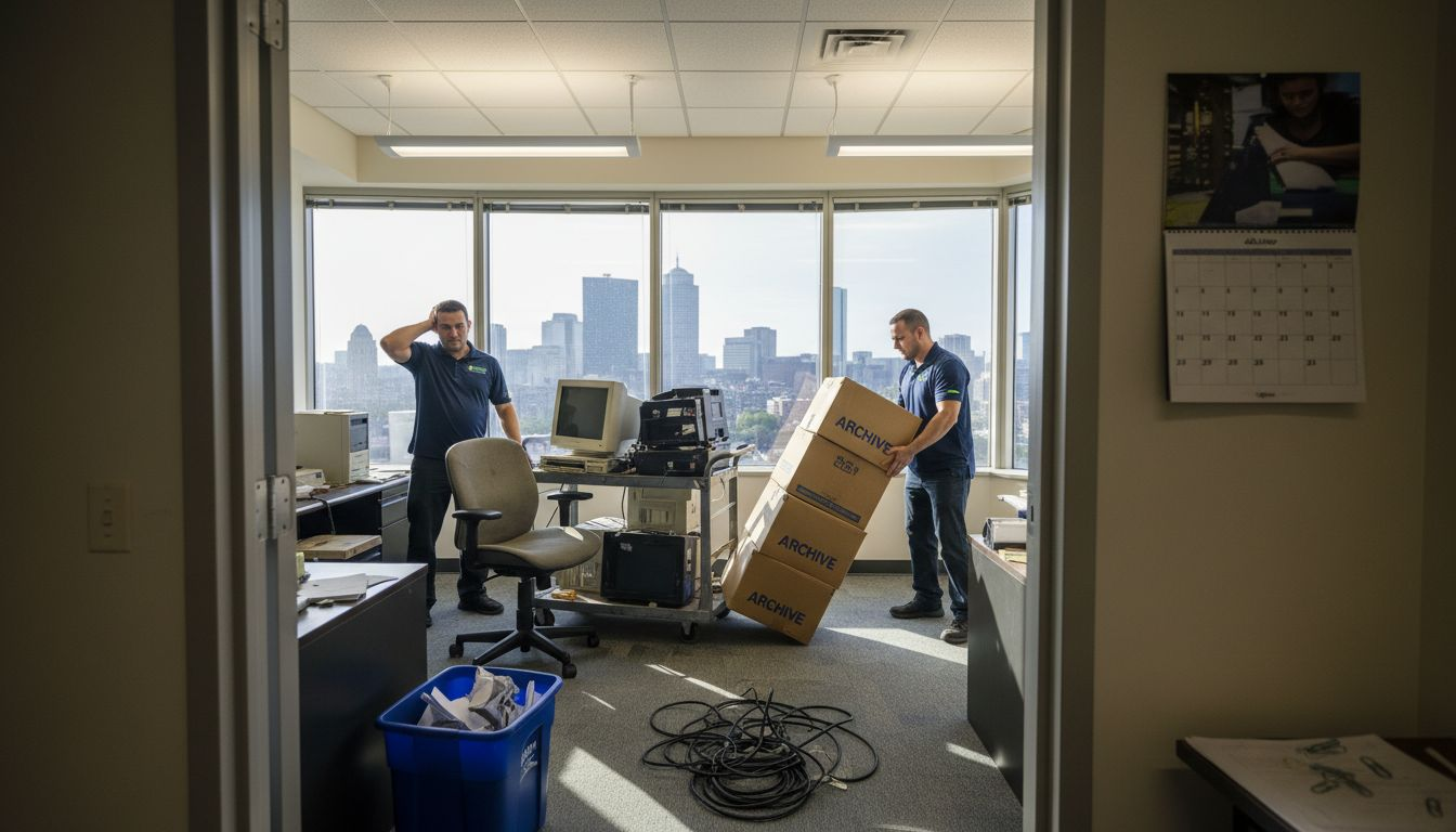 Junk removal team clearing cluttered Boston office