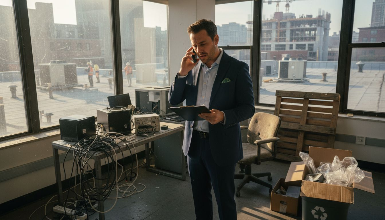 Manager in office with assorted commercial junk