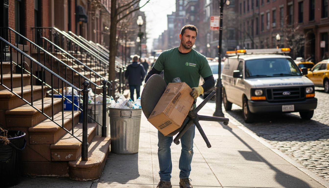 Worker hauling junk outside Boston brownstone